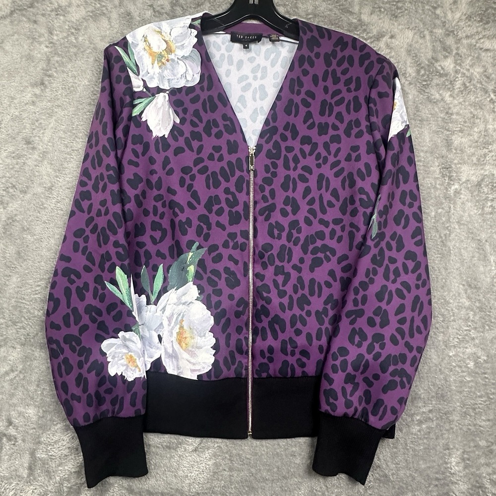 Ted Baker London Bomber Jacket Womens Size 4 Purple Magnolia Flower Animal Print - Picture 3 of 15